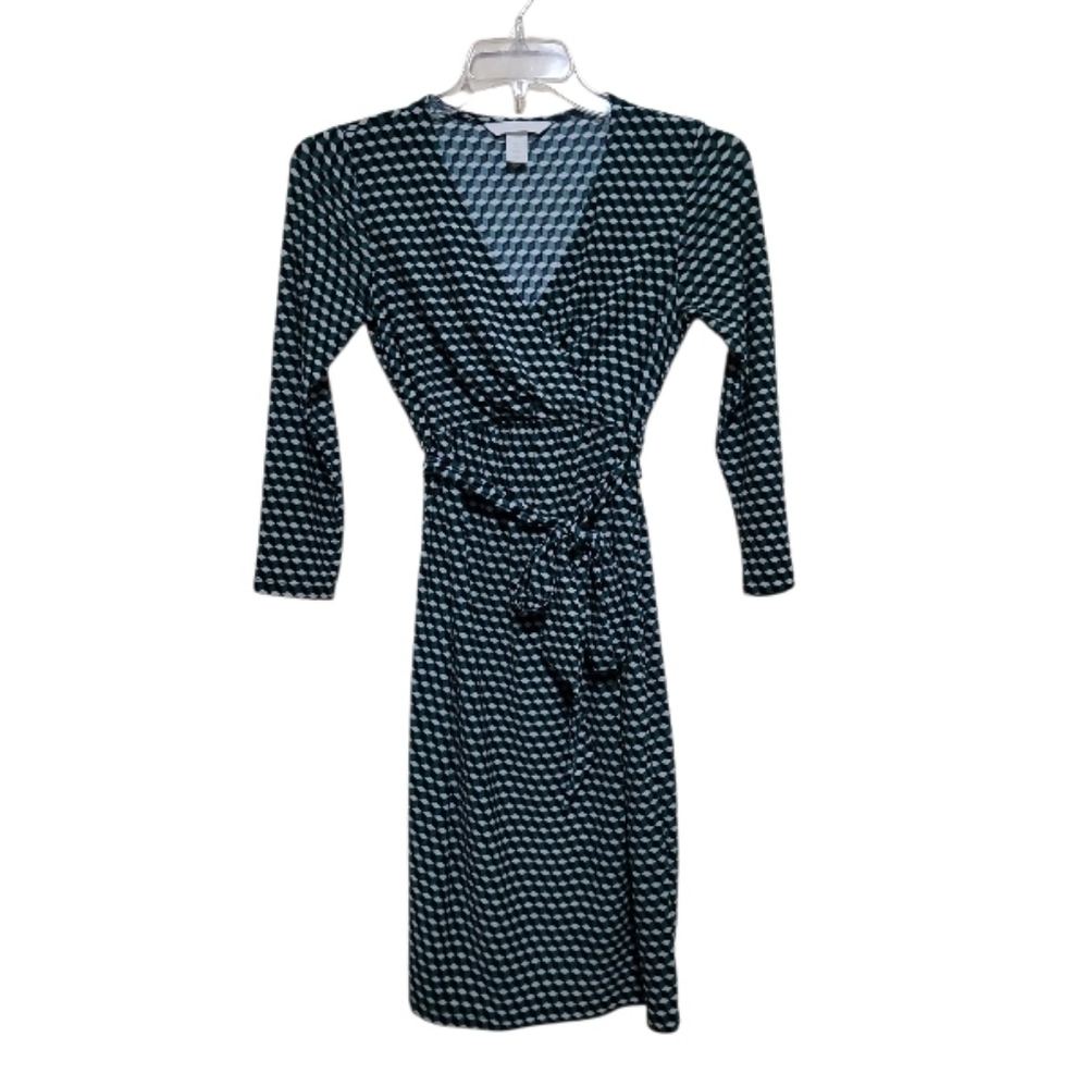 HM Women Green Black White 3/4 Sleeve Belted Dress Size Small